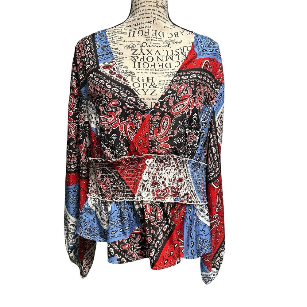 Live 4 Truth Vacation Smocked Top Puffy Sleeve Plus 2X Patchwork Hippie Boho